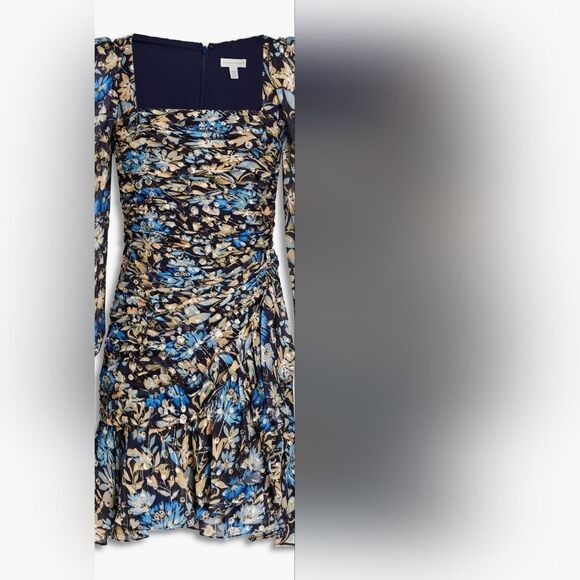 ML MONIQUE LHUILLIERRuched floral-print metallic fil coupé mini dress EUC - Picture 10 of 13